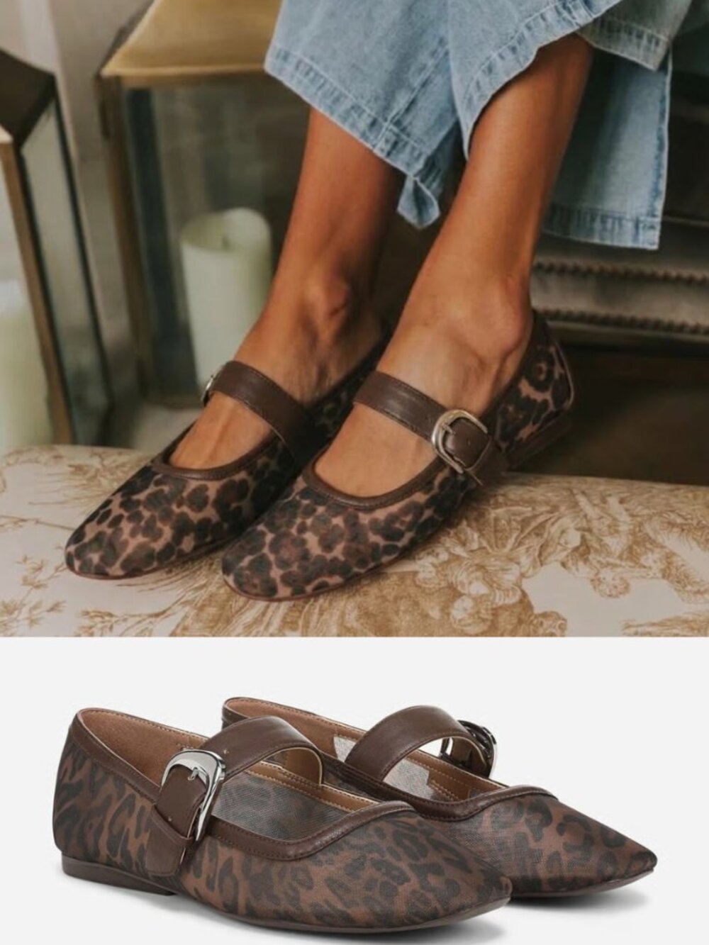 Naturalizer Cosmic Mary Jane Flats Brown Leopard Mesh Square Toe Ballet NWT